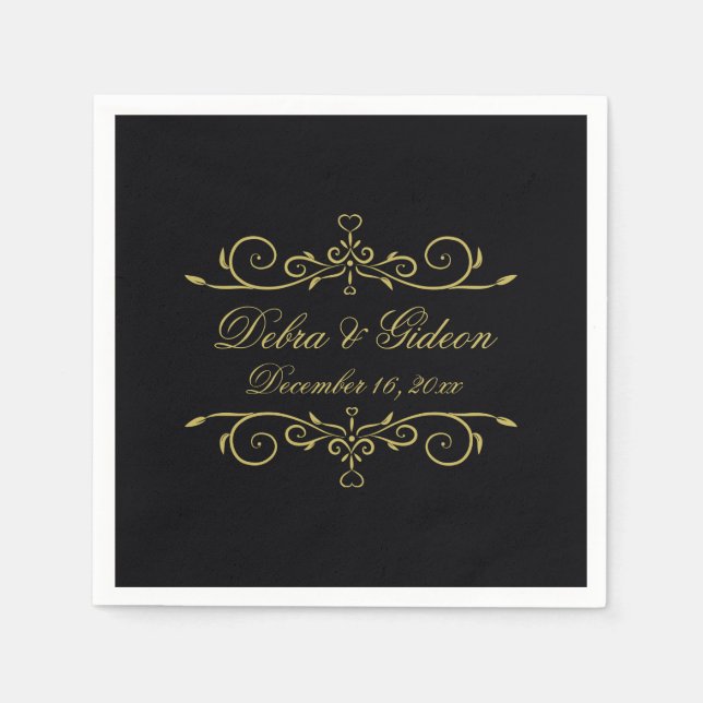Elegant Black and Gold Heart Flourish Wedding Napkin (Front)