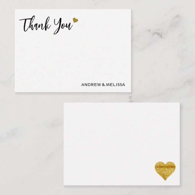 Elegant Black And Gold Heart Wedding Thank You Card (Front/Back)