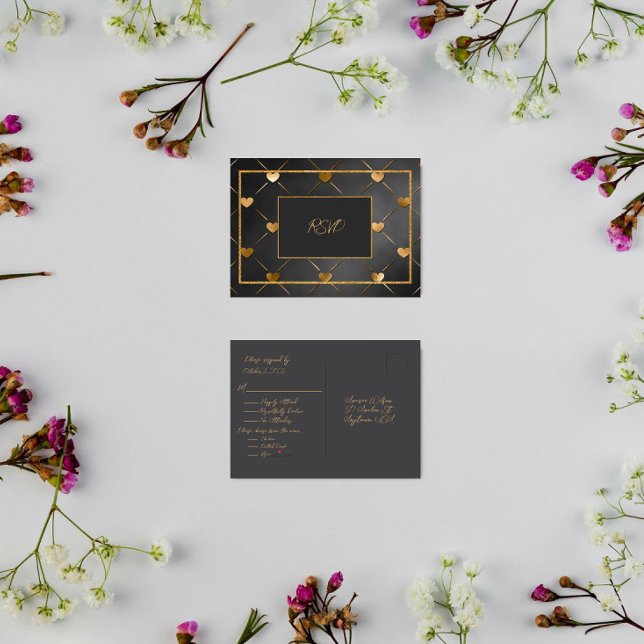 Elegant Black and Gold Hearts RSVP Invitation Postcard (Creator Uploaded)