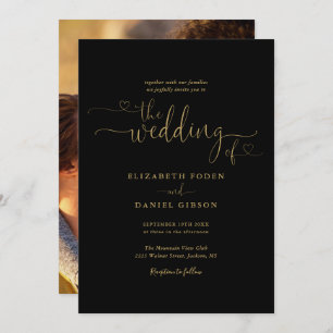 Elegant Black And Gold Hearts Script Photo Wedding Invitation