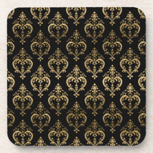 Elegant Black and Gold Hearts Valentine's Damask Coaster