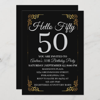 Elegant Black and Gold Hello 50th For Women  Invitation