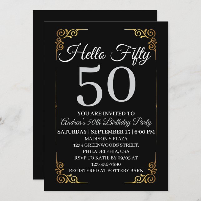 Elegant Black and Gold Hello 50th For Women  Invitation (Front/Back)