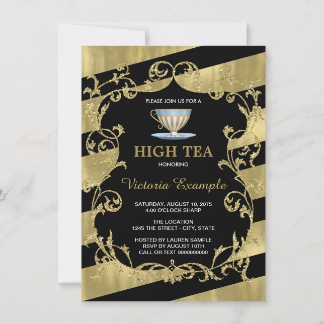 Elegant Black and Gold High Tea Invitation (Front)