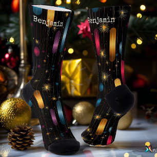 Elegant Black and Gold Holiday with Star Accents Socks