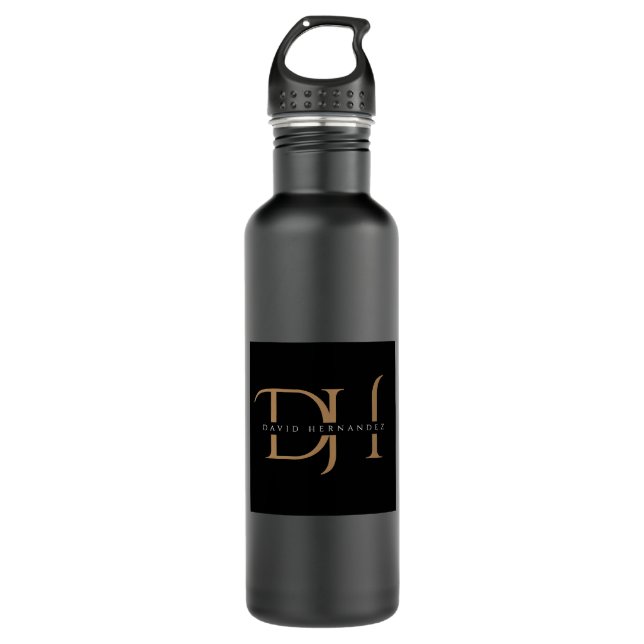 Elegant Black and Gold Initials Monogram Modern 710 Ml Water Bottle (Front)