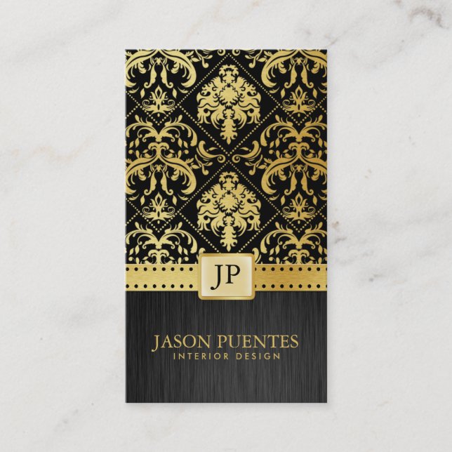 Elegant Black and Gold Interior Designer Business Card (Front)