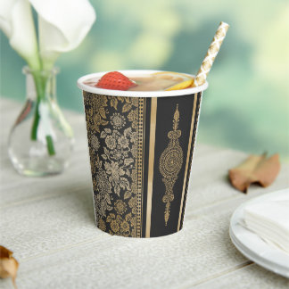 Elegant Black and Gold Lace Floral Wedding Paper Cups