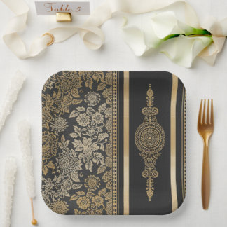 Elegant Black and Gold Lace Floral Wedding Paper Plate
