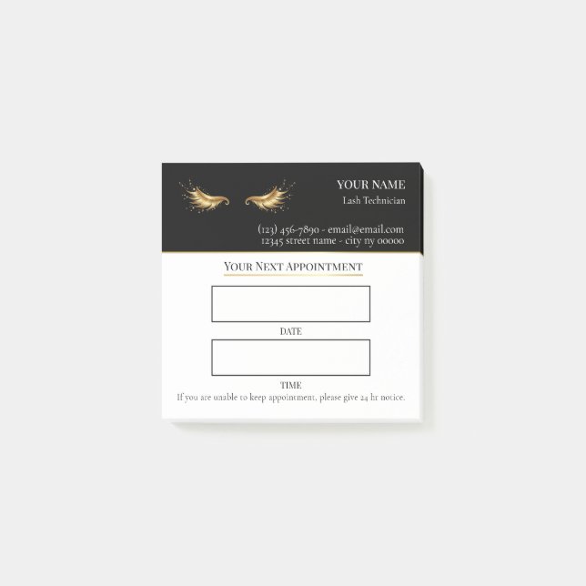 Elegant black and gold Lash appointment Post-it Notes (Front)