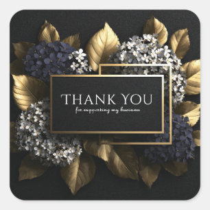 Elegant Black and Gold Leaf Blue Hydrangea Luxury Square Sticker