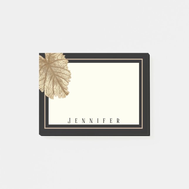 Elegant Black and Gold Leaf Personalised Name Post-it Notes (Front)