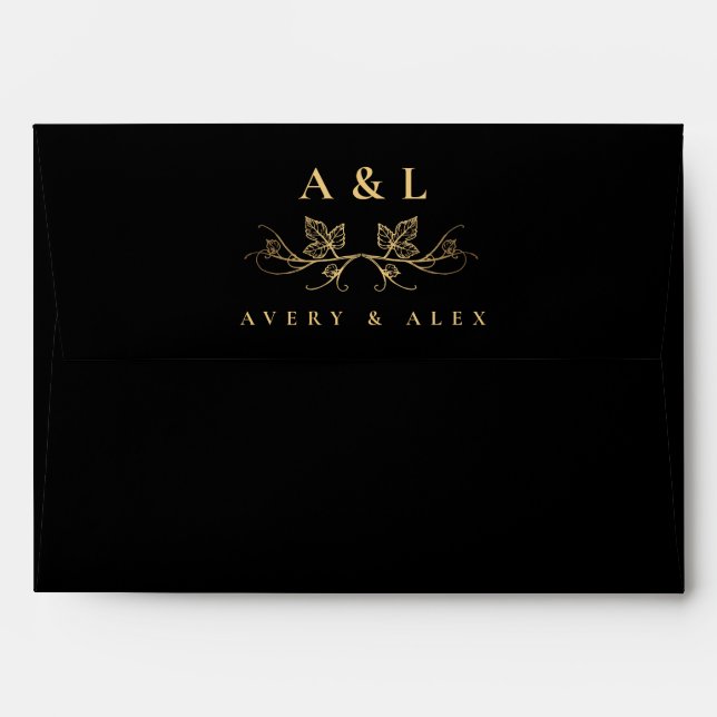Elegant Black and Gold Leafy Crest Wedding Crest Envelope (Back (Top Flap))