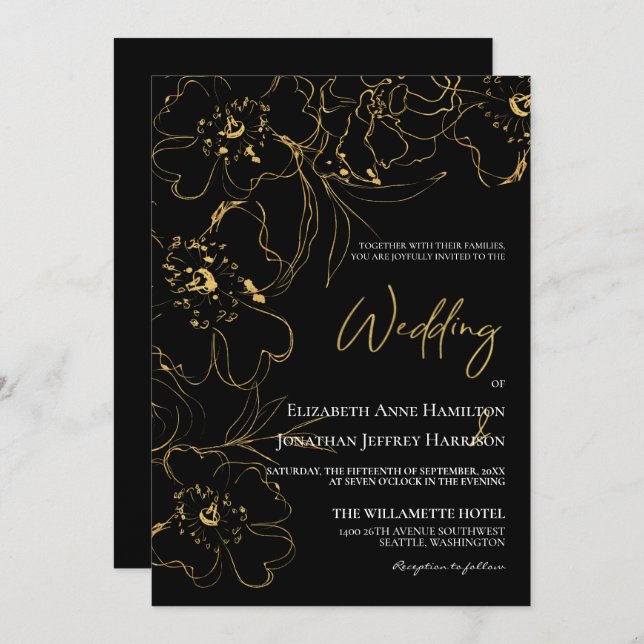 Elegant Black and Gold Line Art Floral Wedding Invitation (Front/Back)