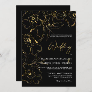 Elegant Black and Gold Line Art Floral Wedding Invitation