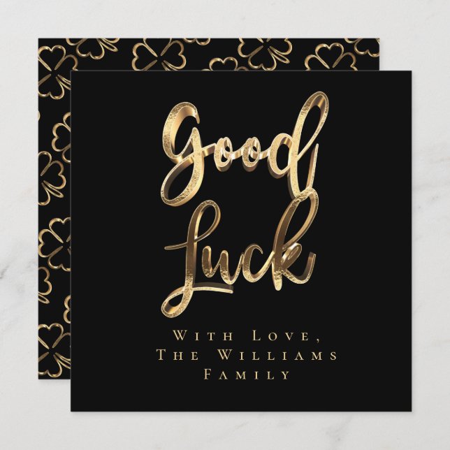 Elegant Black and Gold Look Clovers Good Luck Holiday Card (Front/Back)