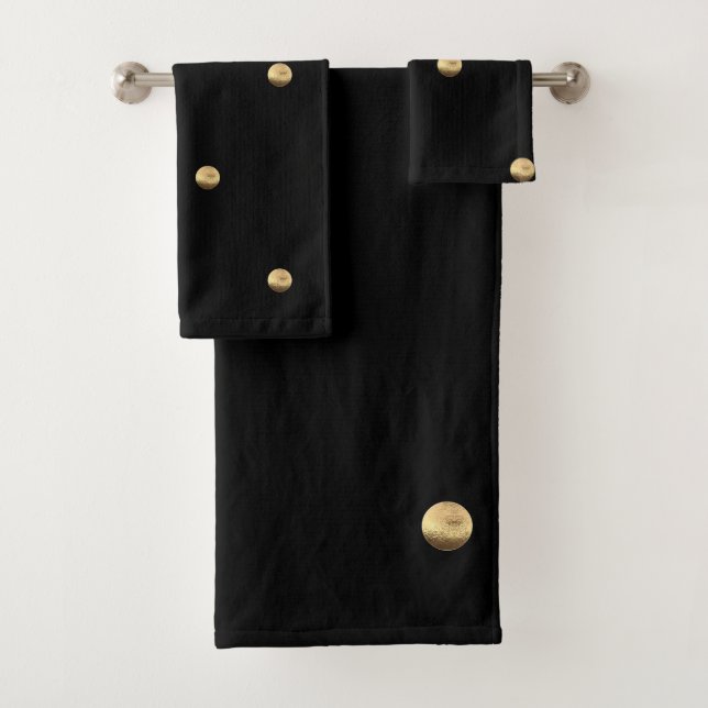 Elegant Black and Gold Look Polka Dots Pattern Bath Towel Set (Insitu)