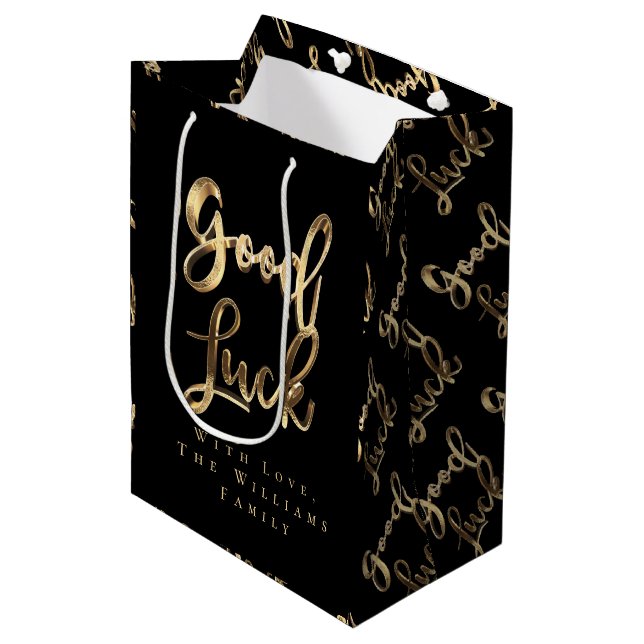 Elegant Black and Gold Look Script Good Luck Medium Gift Bag (Front Angled)