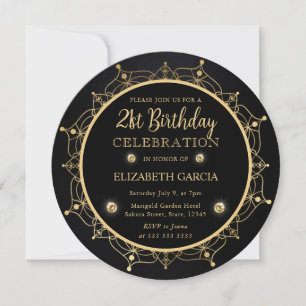 Elegant Black and Gold Mandala 21st Birthday Invitation