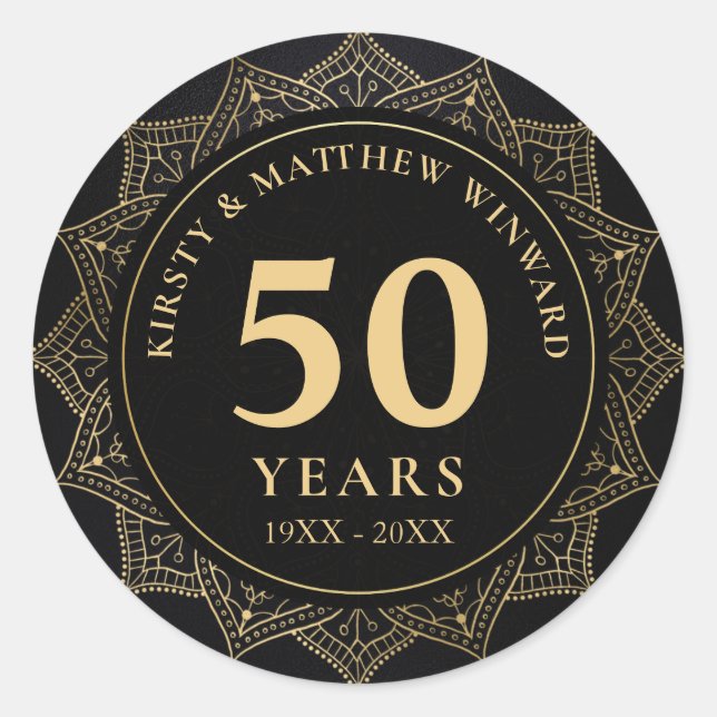 Elegant Black and Gold Mandala 50th Anniversary Classic Round Sticker (Front)