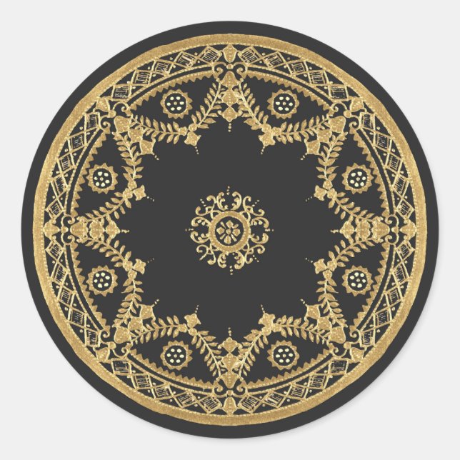 Elegant black and gold mandala classic round sticker (Front)