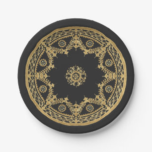 Elegant black and gold mandala pattern paper plate