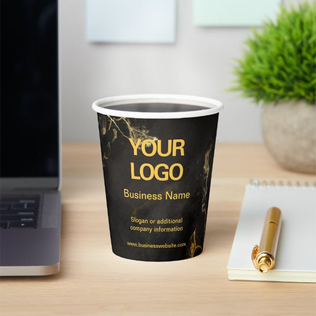 Elegant Black and Gold Marble Business Slogan Paper Cups (Insitu)