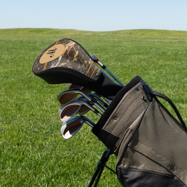 Elegant Black and Gold Marble Monogram  Golf Head Cover (In Situ)