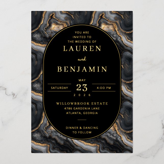 Elegant Black and Gold Marble Wedding Invitation (Front)