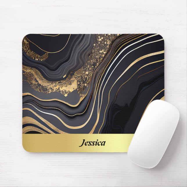 Elegant Black and Gold Marbled Mouse Pad (With Mouse)