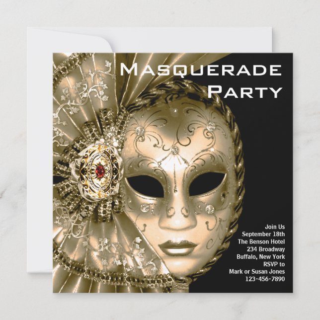 Elegant Black and Gold Masquerade Party Invitation (Front)