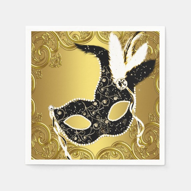 Elegant Black and Gold Masquerade Party Napkin (Front)