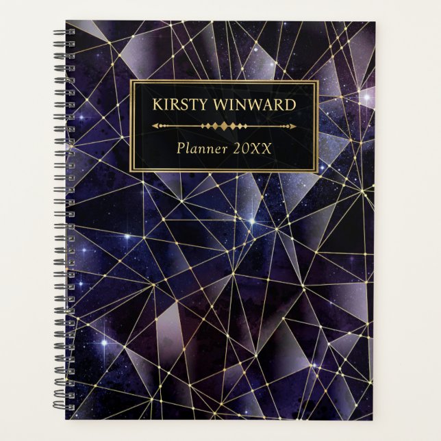 Elegant Black and Gold Midnight Crystal Galaxy Planner (Front)