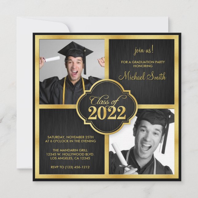 Elegant Black and Gold Modern Class of 2022  Invitation (Front)