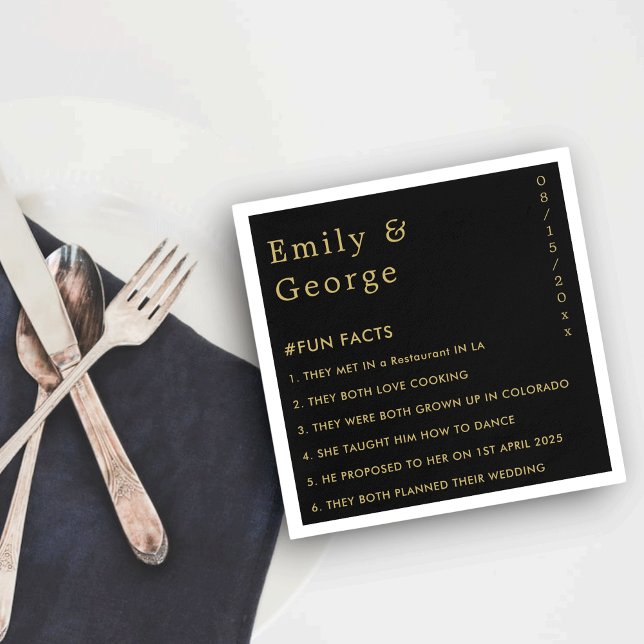 Elegant Black And Gold Modern Fun Facts Wedding Napkin (Creator Uploaded)