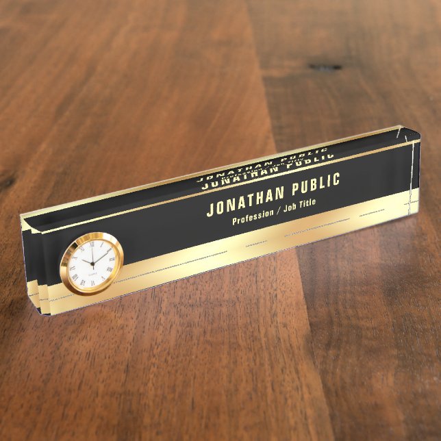 Elegant Black And Gold Modern Template With Clock Nameplate (Side)