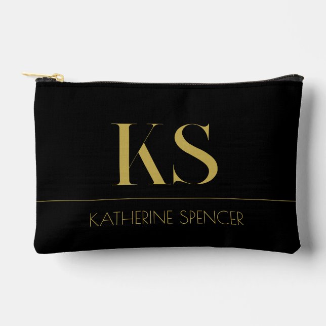 Elegant Black and Gold Monogram Accessory Pouch (Front)