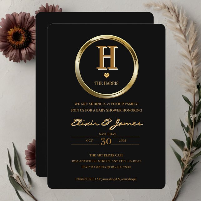 Elegant Black and Gold Monogram Family Baby Shower Invitation (Creator Uploaded)