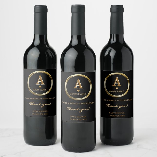 Elegant Black and Gold Monogram Family Baby Shower Wine Label (Bottles)