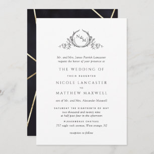 Elegant Black and Gold Monogram Formal Wedding Invitation