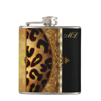 Elegant Black and Gold Monogram Leopard Hip Flask