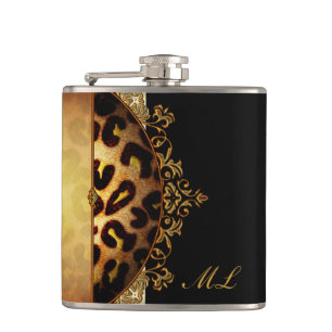 Elegant Black and Gold Monogram Leopard Hip Flask