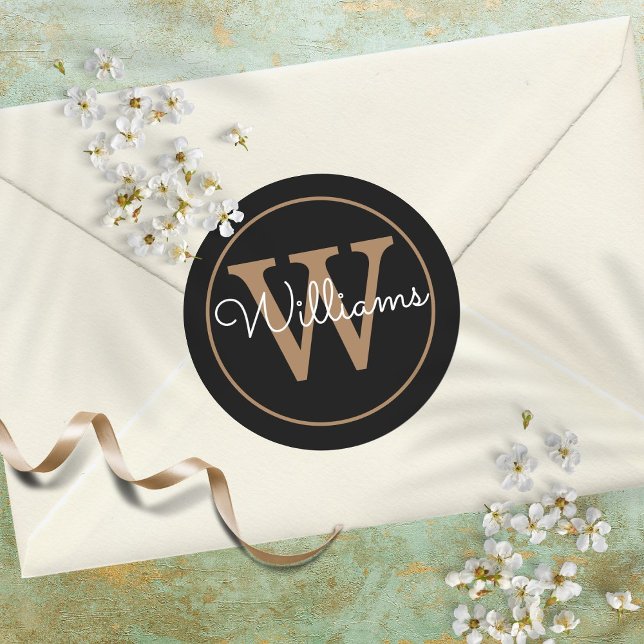 Elegant Black and Gold Monogram Name Classic Round Sticker (Creator Uploaded)