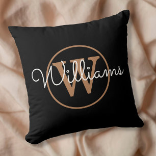 Elegant Black and Gold Monogram Name Cushion