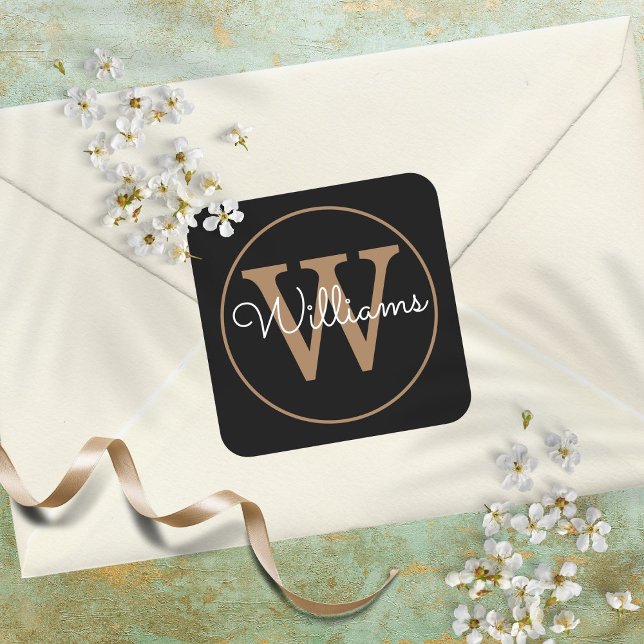 Elegant Black and Gold Monogram Name Square Sticker (Elegant Black and Gold Monogram Name Square Sticker)