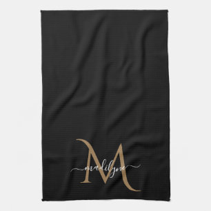 Elegant Black and Gold Monogram Script Name    Kit Tea Towel