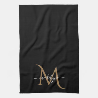 Elegant Black and Gold Monogram Script Name    Kit Tea Towel