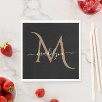 Elegant Black and Gold Monogram Script Name   Napk