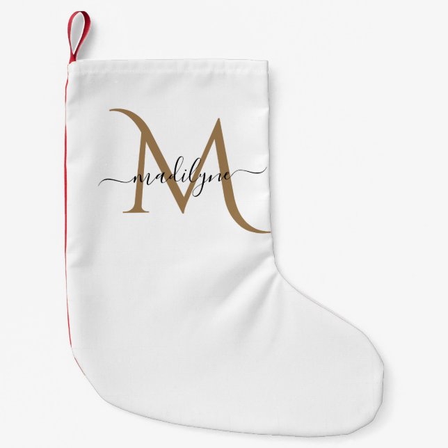 Elegant Black and Gold Monogram Script Name      Small Christmas Stocking (Front)