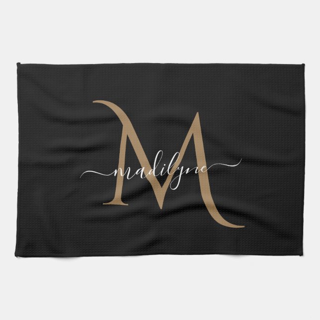 Elegant Black and Gold Monogram Script Name    Tea Towel (Horizontal)